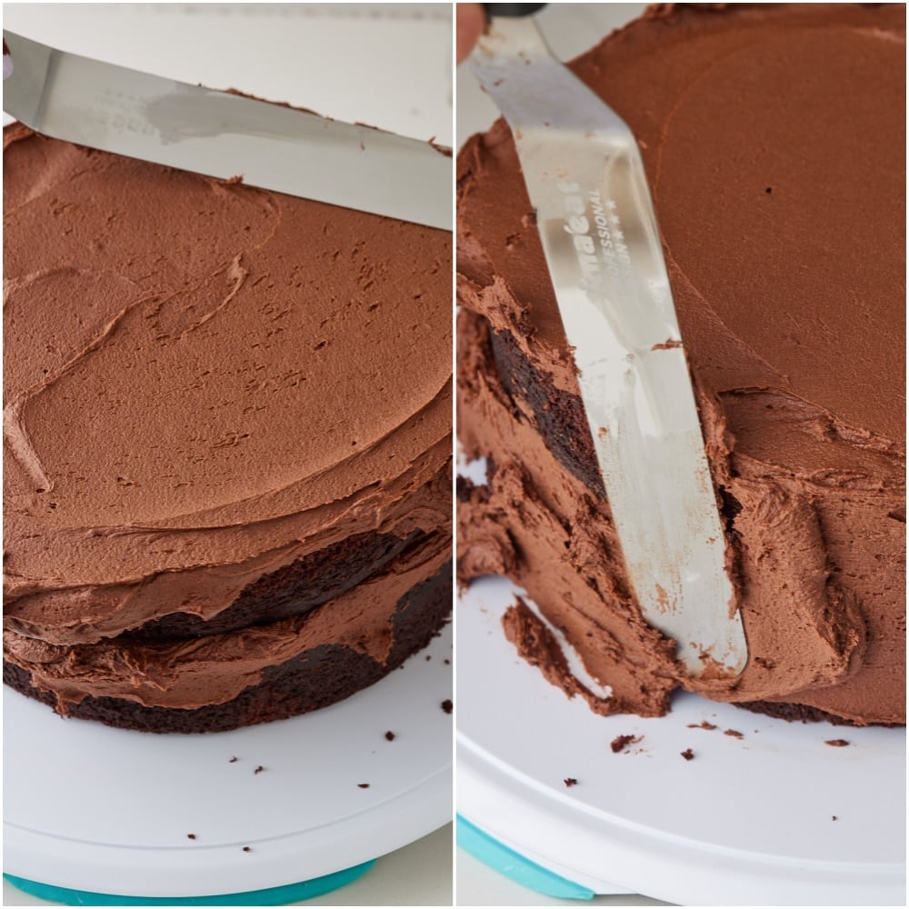Top with the second layer and use the remaining frosting to cover the top and sides of the cake.