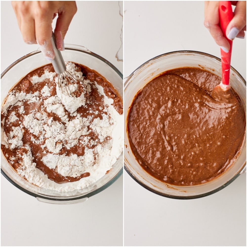 Fold the chocolate mayonnaise cake dry ingredients into the wet until just combined.