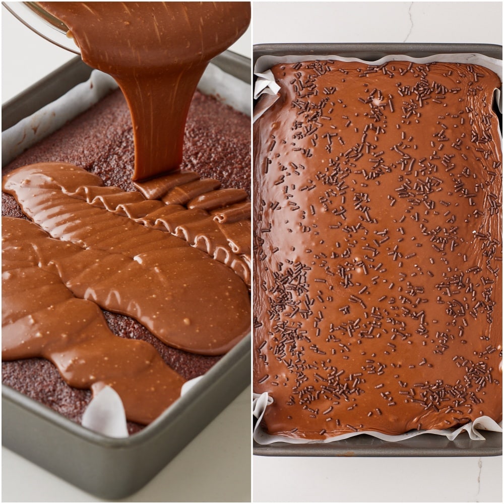 Pour the warm frosting over the warm cake and spread evenly, then decorate with sprinkles.