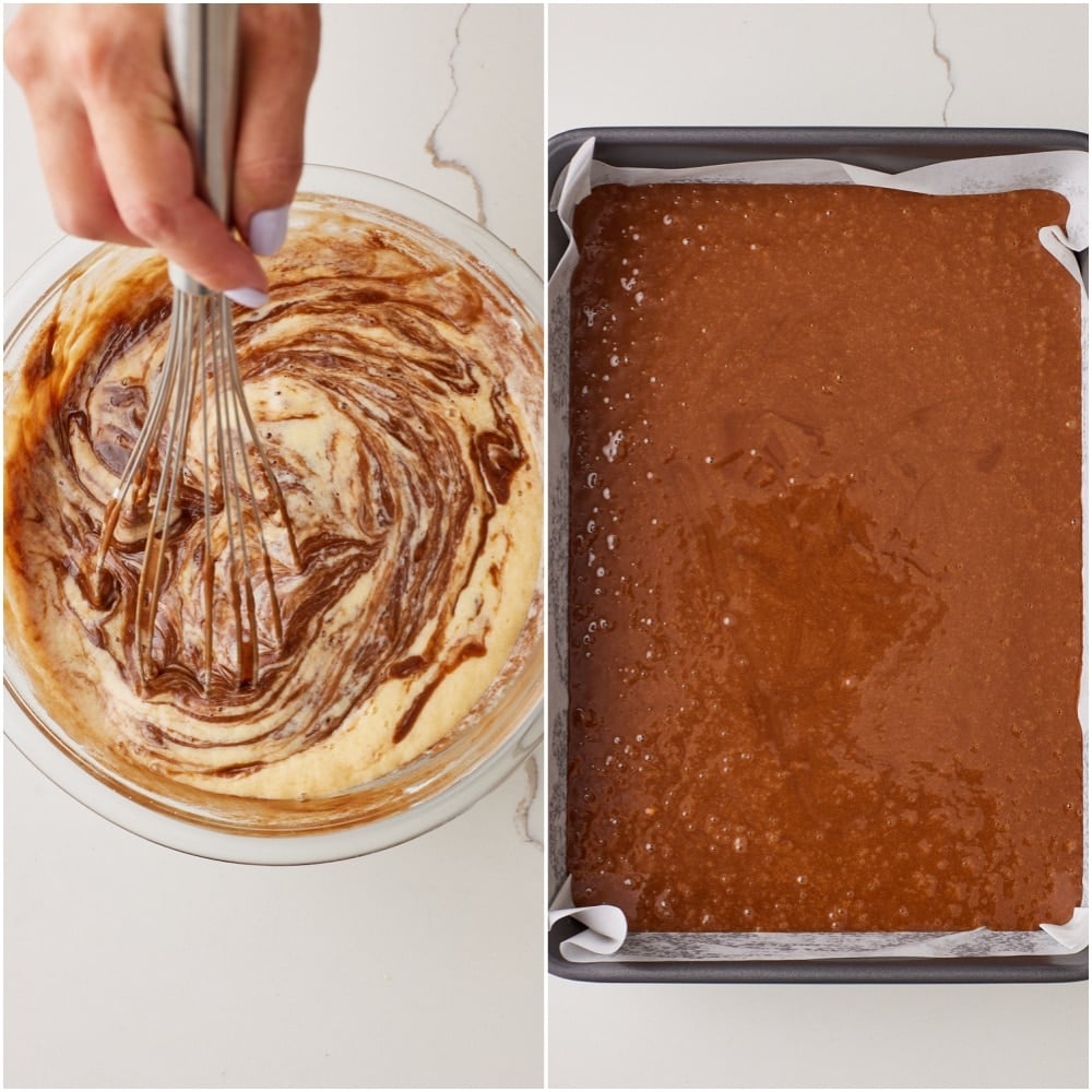 Whisk in the egg mixture until fully combined, then pour batter into the prepared pan.