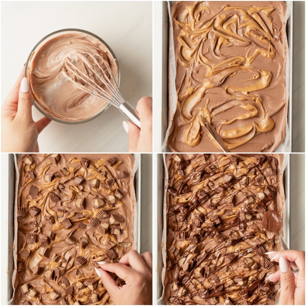 To make Peanut Butter Cup frozen Yogurt Bark , flavor the yogurt based with cocoa powder and vanilla, spread into the pan and swirl peanut butter in, sprinkle peanut butter cups and drizzle over melted chocolate. 