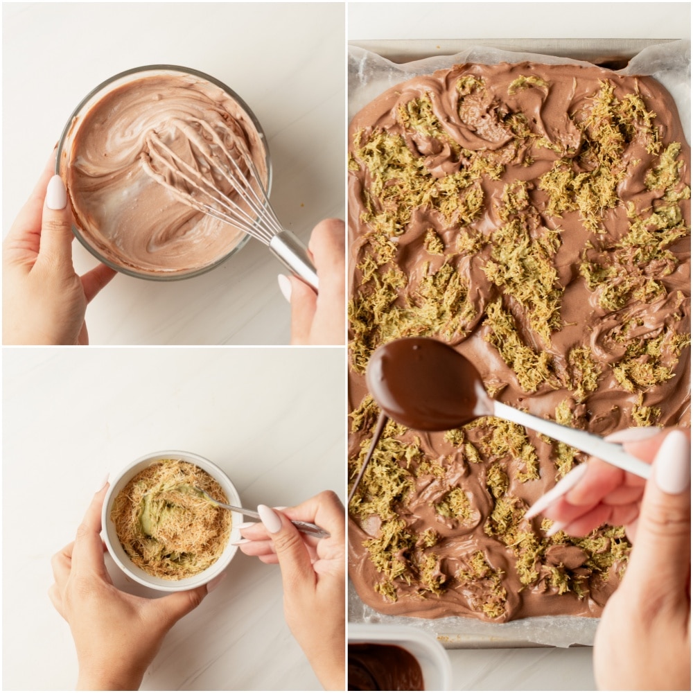 To make Dubai Chocolate Frozen Yogurt Bark, flavor the yogurt base and spread it into the tray, swirl in pistachio butter, add toppings, then drizzle over melted chocolate. 