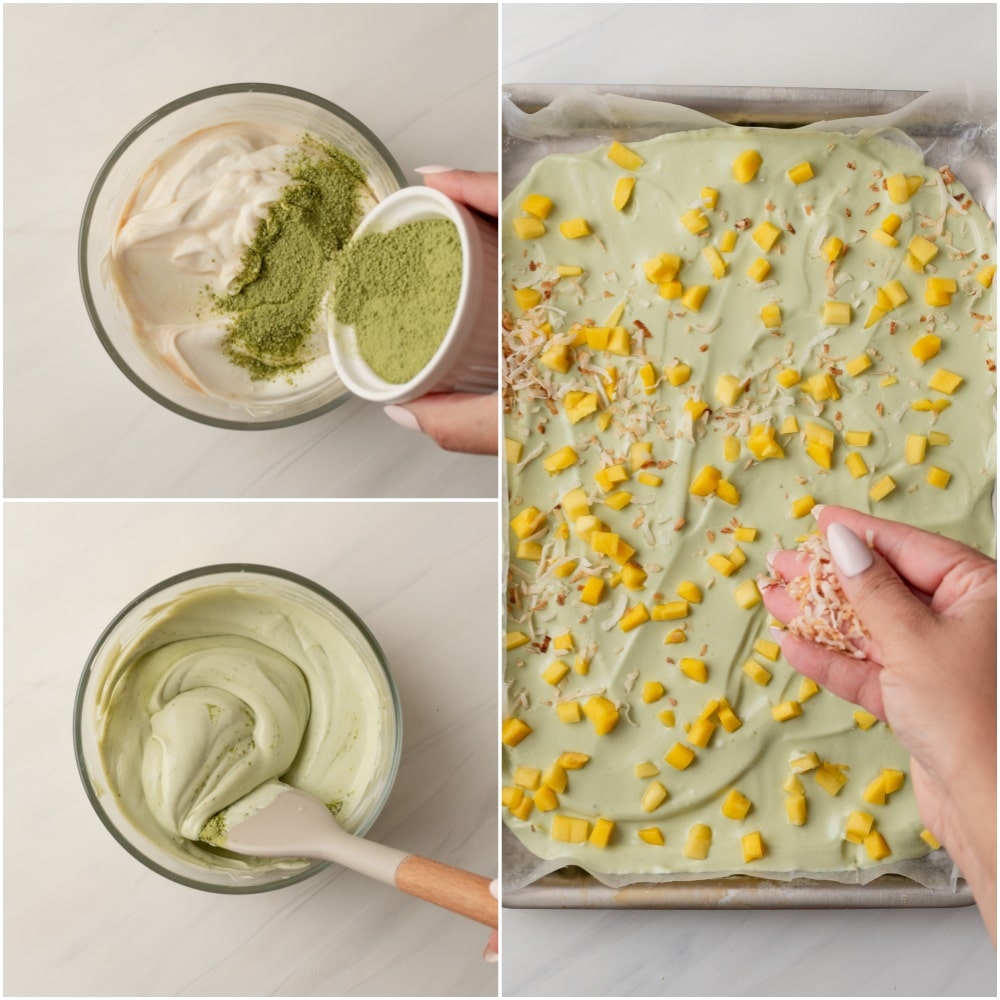 Flavor the yogurt base with matcha powder, spread it into the tray, scatter over the chopped mango and toasted coconut.