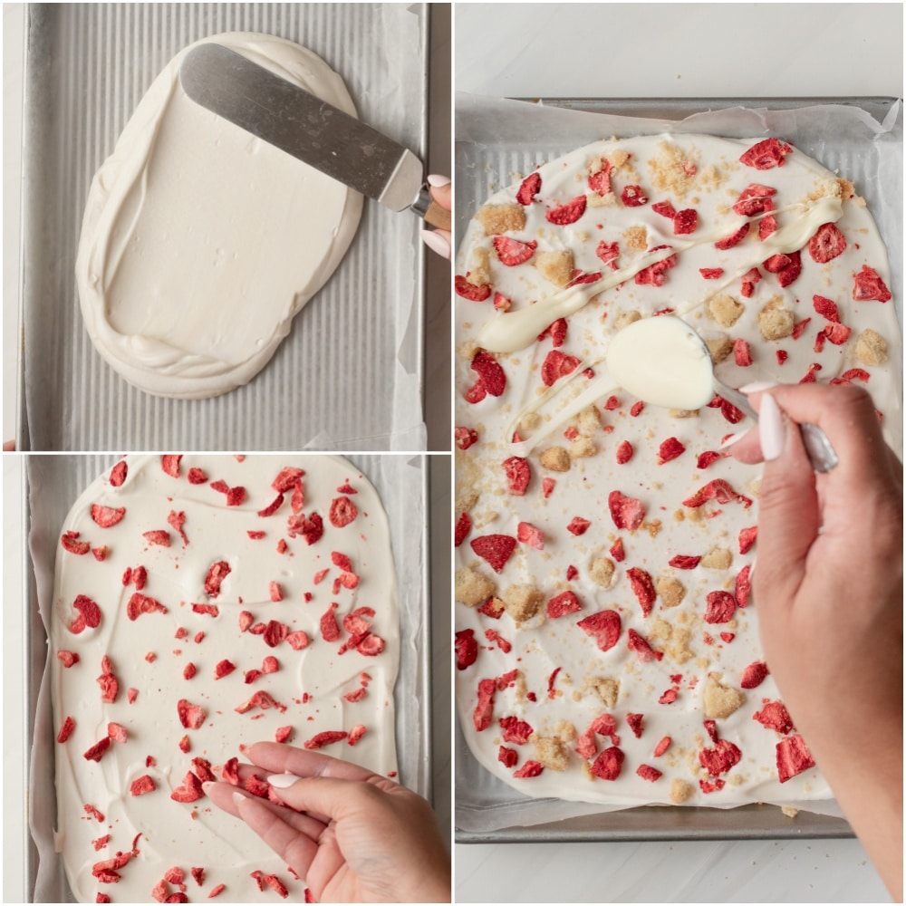 Spread the base, Generously scatter over the crushed shortbread and freeze-dried strawberries. Lastly, drizzle over the melted white chocolate.