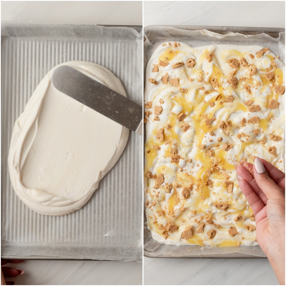 Spread the yogurt base, Lightly swirl the lemon curd and warmed marshmallow fluff through the frozen yogurt base. Lastly, generously scatter over the crushed Graham crackers.