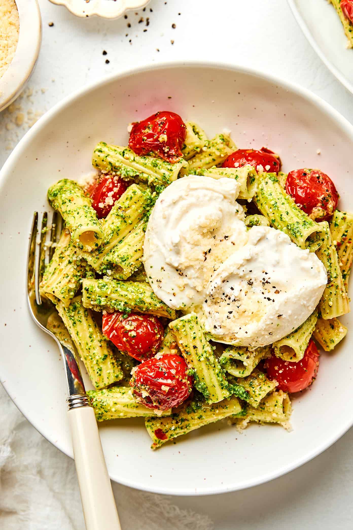 Pesto Pasta with Blistered Tomatoes and Burrata