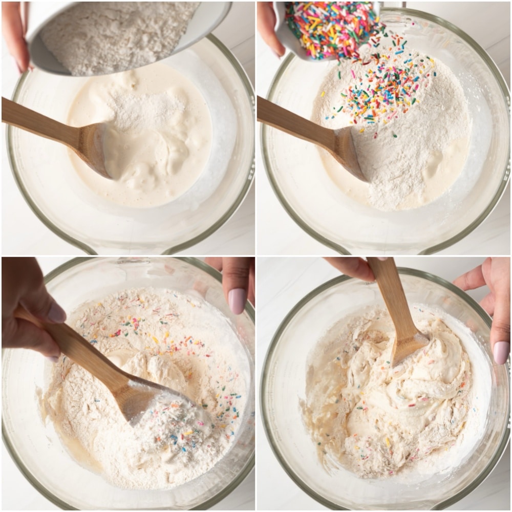 Add the self-rising flour and 2 tablespoons of sprinkles, taking care not to overmix.