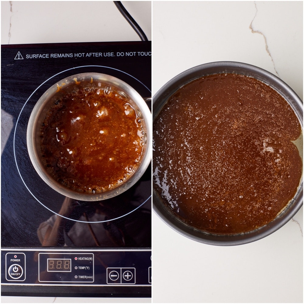 In a small saucepan, warm the brown sugar, butter and salt over medium-low heat until melted and simmering, then pour evenly into the bottom of the pan.