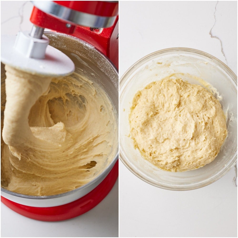 Combine wet and dry ingredients. Pour in the wet ingredients and mix on medium speed for about 6 minutes, until a very soft, sticky, and stretchy dough forms.