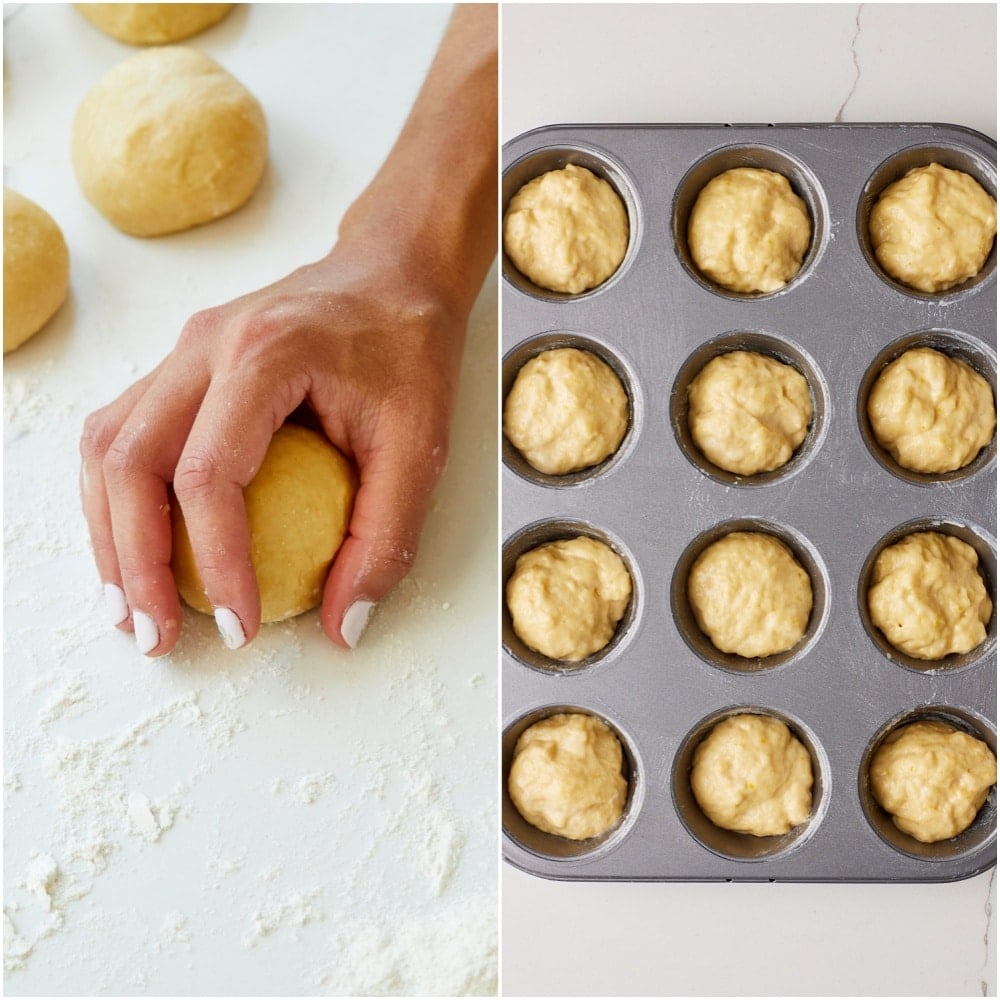 With damp hands, divide the dough into 18 pieces (about 2 oz/57g each) and place them in the muffin cups.