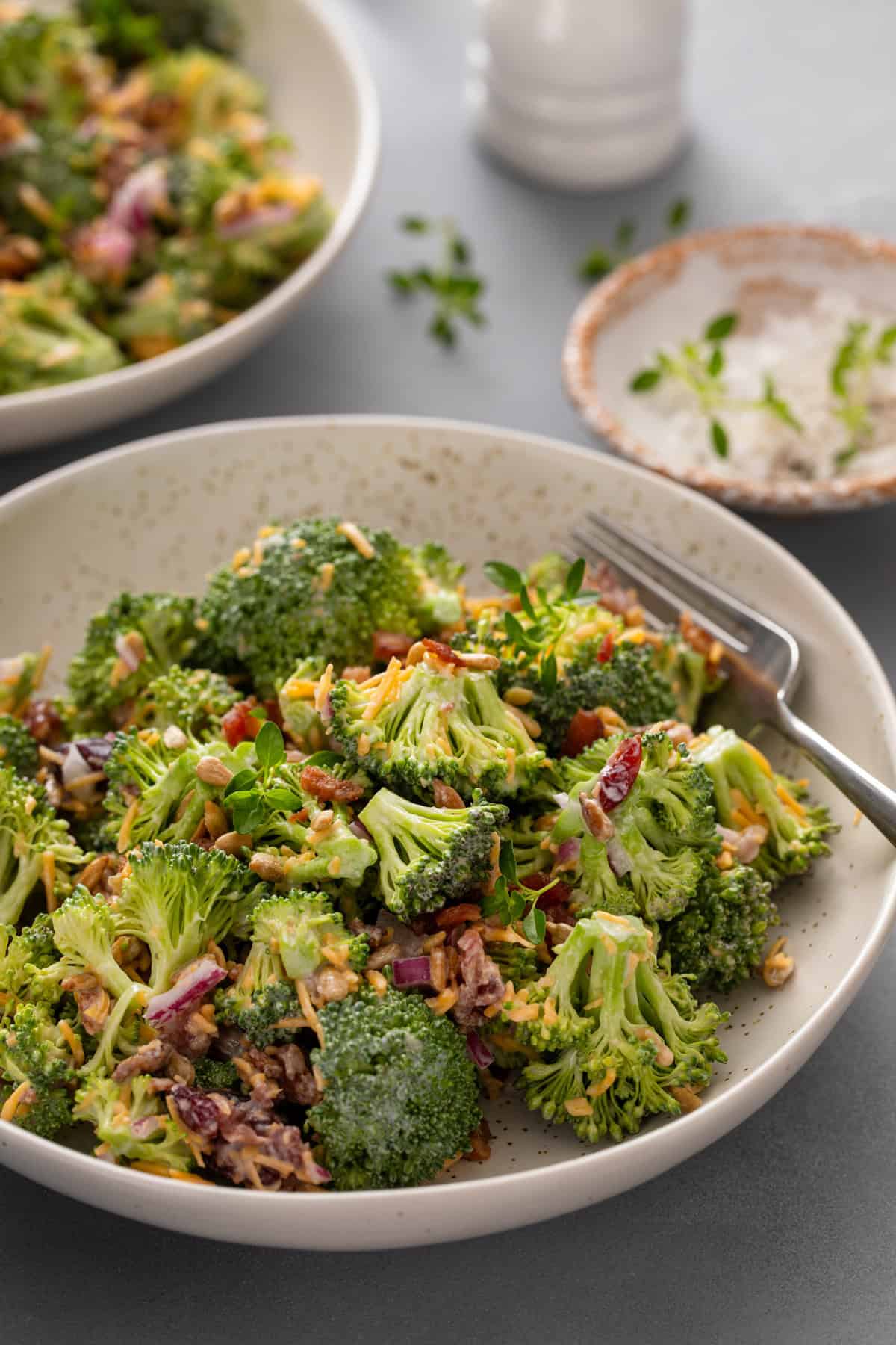 Close up of a fork in a bowl of broccoli cranberry salad.