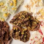 Top down view of five flavors of frozen yogurt bark.