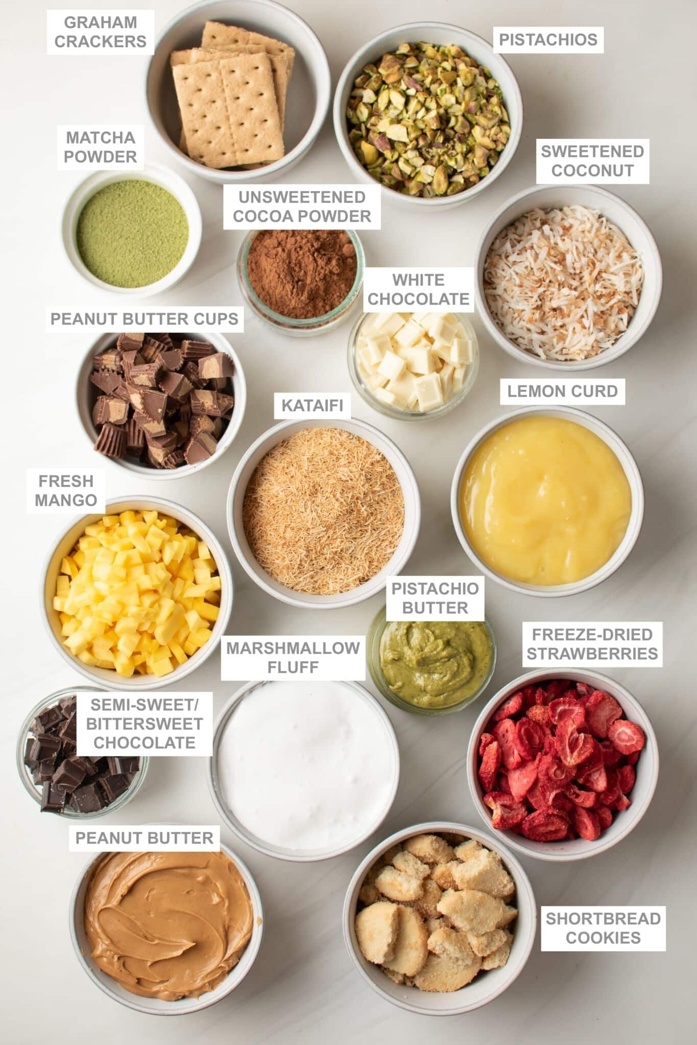 Frozen Yogurt Bark add-on ingredients for different flavors. 