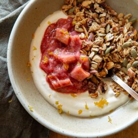 Rhubarb Compote with Yogurt and Granola in Bowl