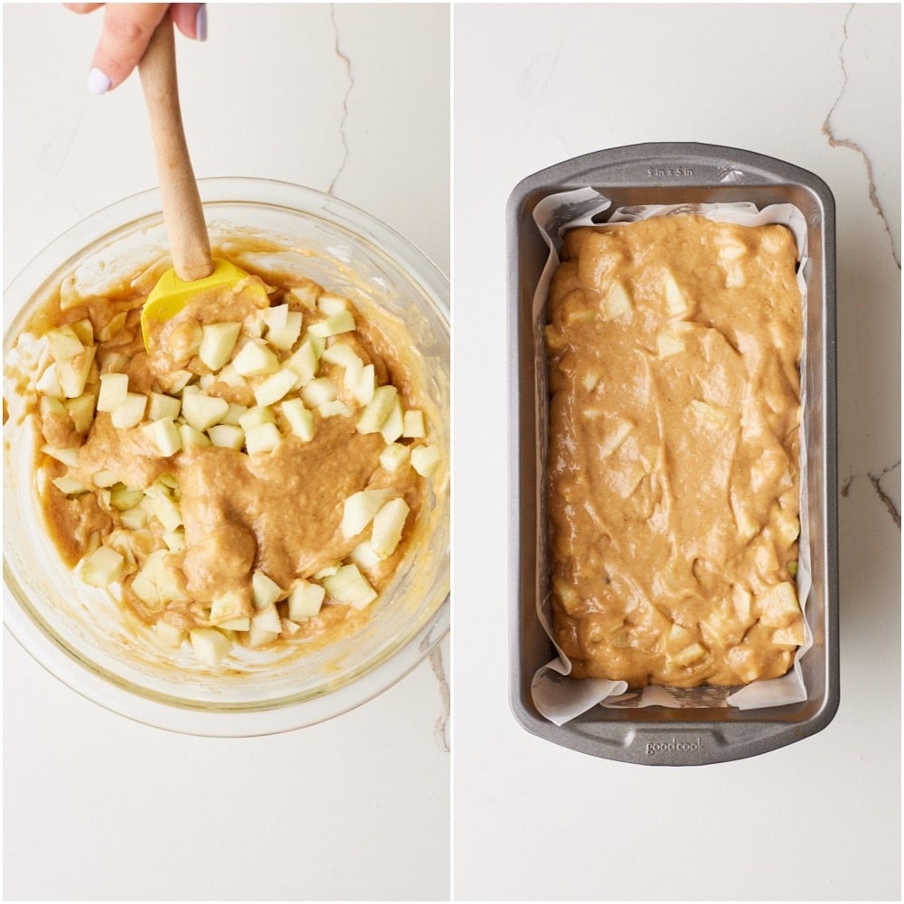 Fold in the apples, then spread the batter evenly into the prepared pan.