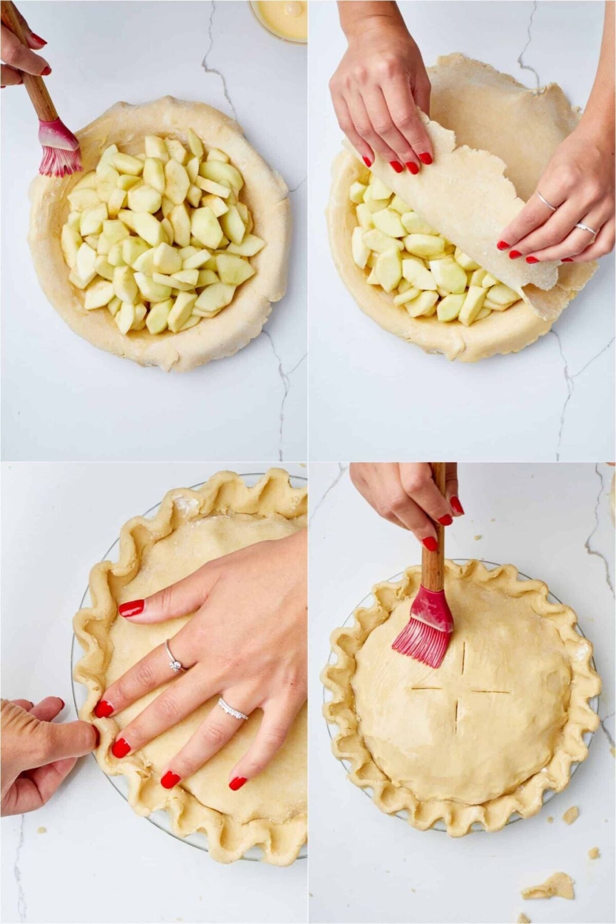 Fill the pie with apple filling, top with pastry and brush egg wash. Then cut a few holes in the top of the crust to allow steam to escape.