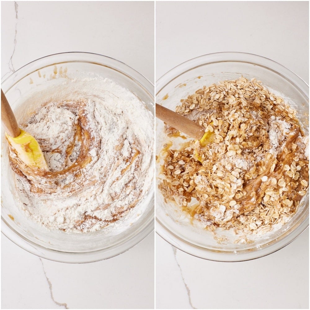 Fold in the flour mixture, followed by the rolled oats, until fully incorporated.