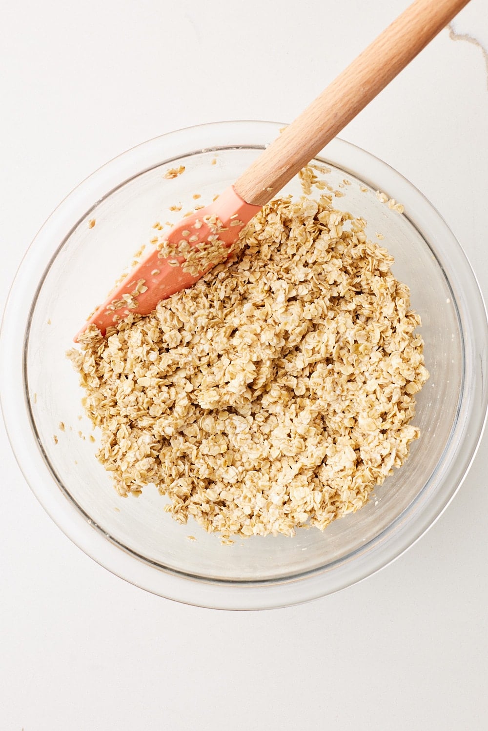 Top-down view of sticky dough of Scottish Oat Cakes. 