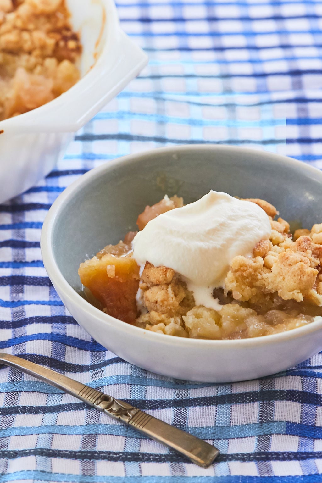 Irish Apple Crumble is golden, crumbly, and soft. It's served with ice cream on top.