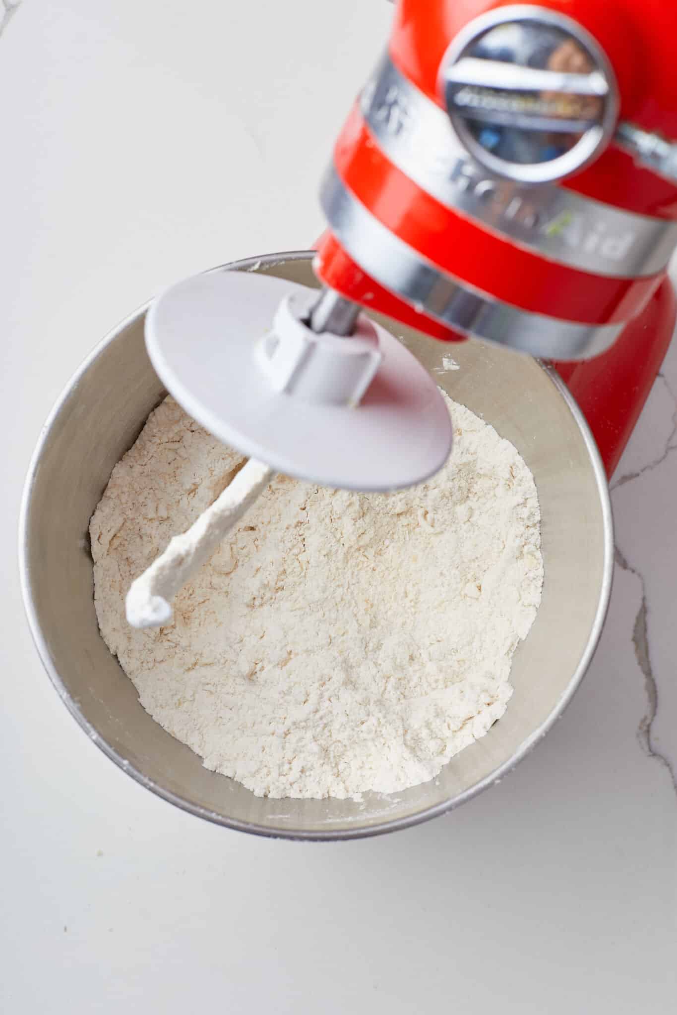 Combine dry ingredients of Irish Batch Loaf in a stand mixer. 