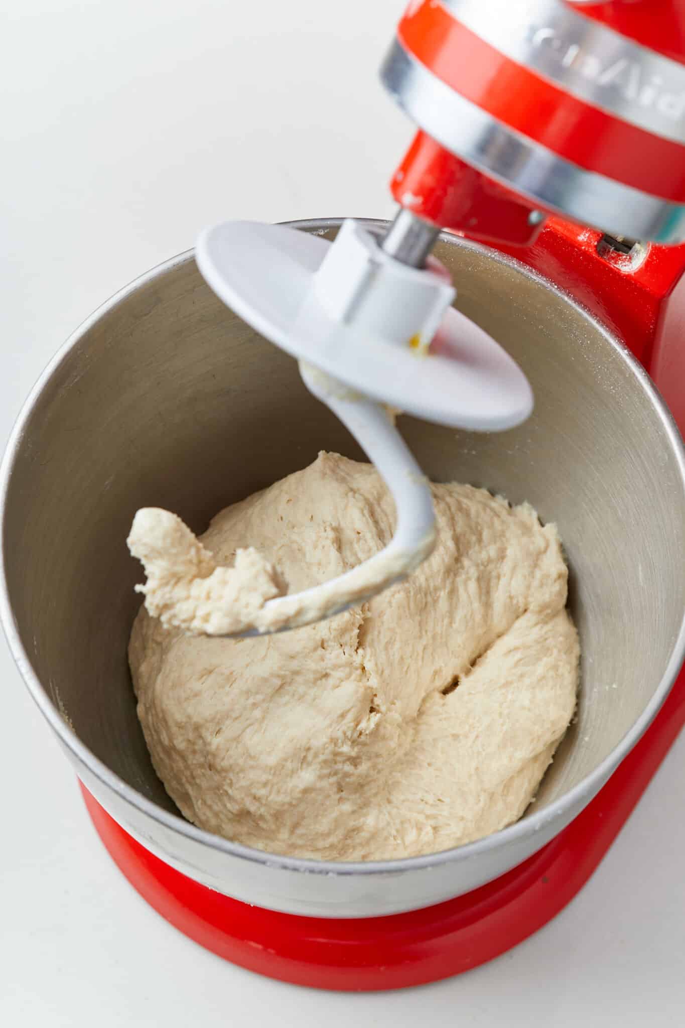 The dough is mixed until smooth in the stand mixer. 