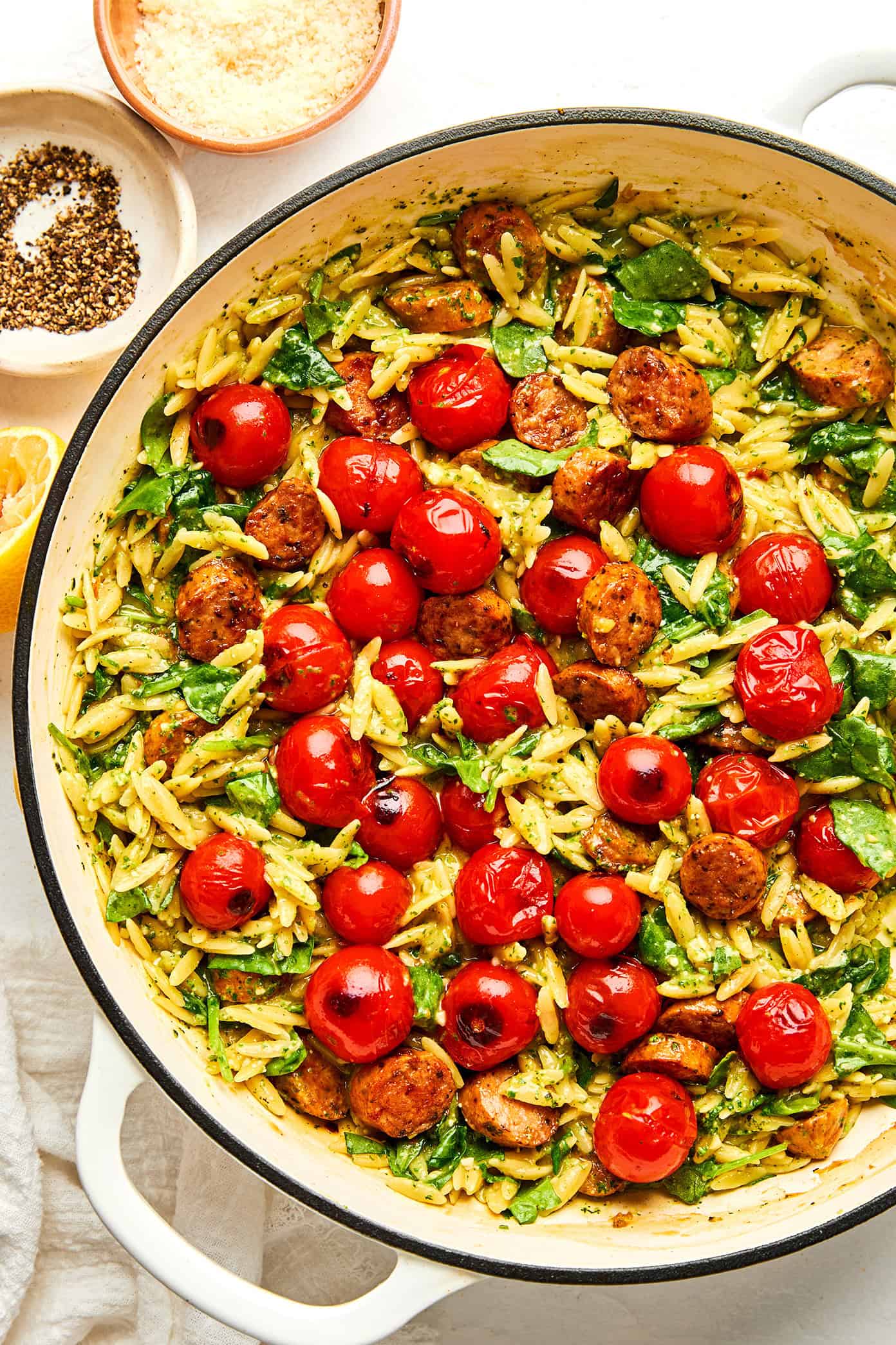 One-Pan Pesto Orzo with Sausage and Tomatoes