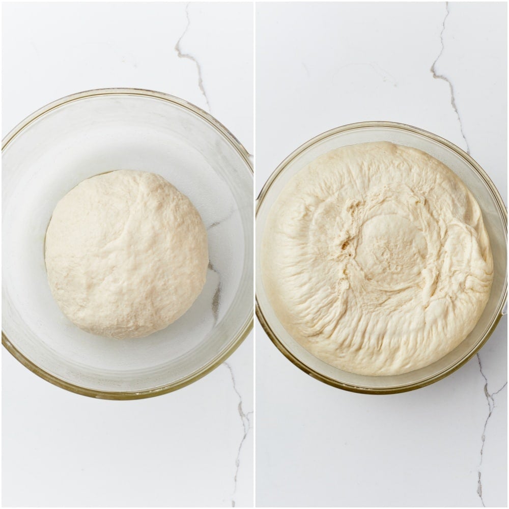 Irish batch bread dough before and after the first rise, showing the dough doubled in size in a glass bowl.