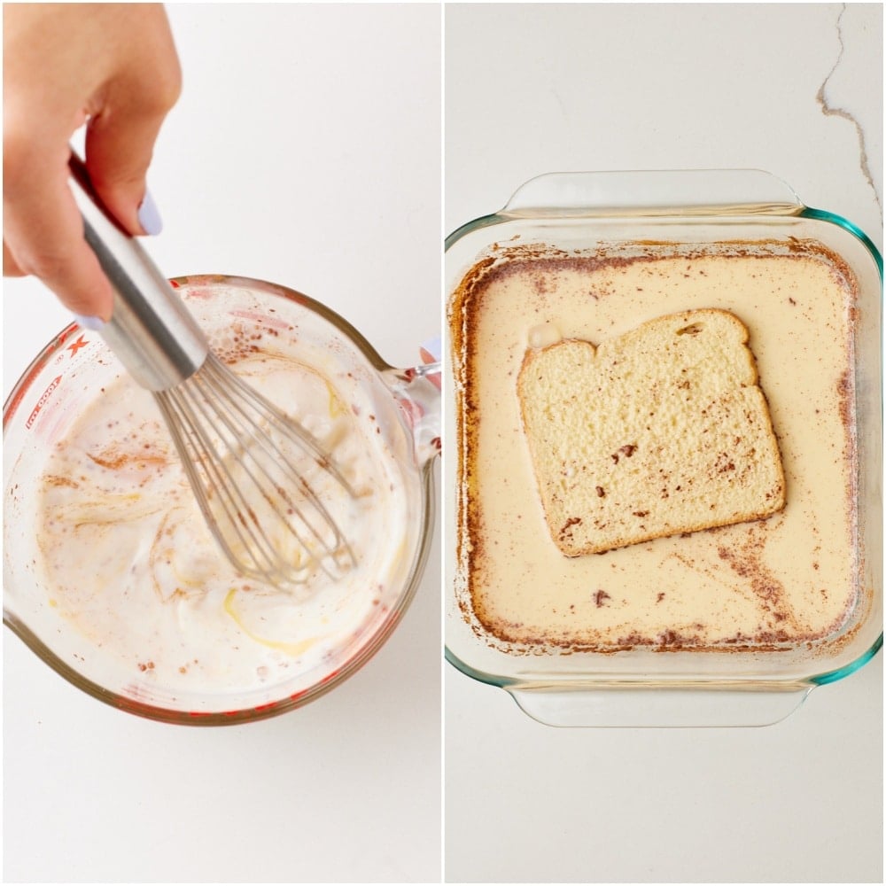 Whisking the vanilla-cinnamon custard and soaking brioche slices in the mixture.